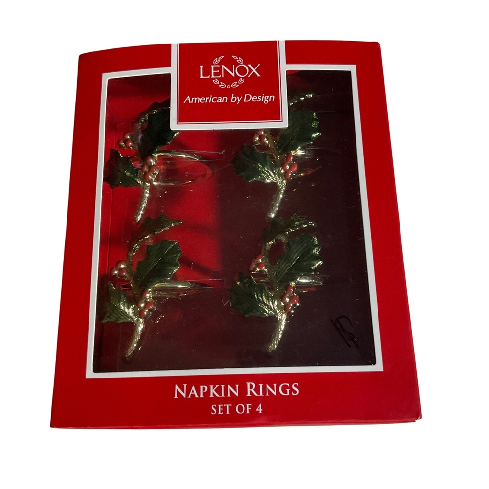 Lenox Napkin Rings Unisex Set of 4 Green Excellent Holly Berry Gold Tone